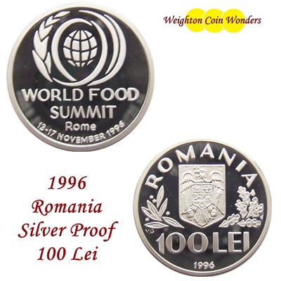 1996 Romania 100 Lei Silver Proof Coin - World Food Summit